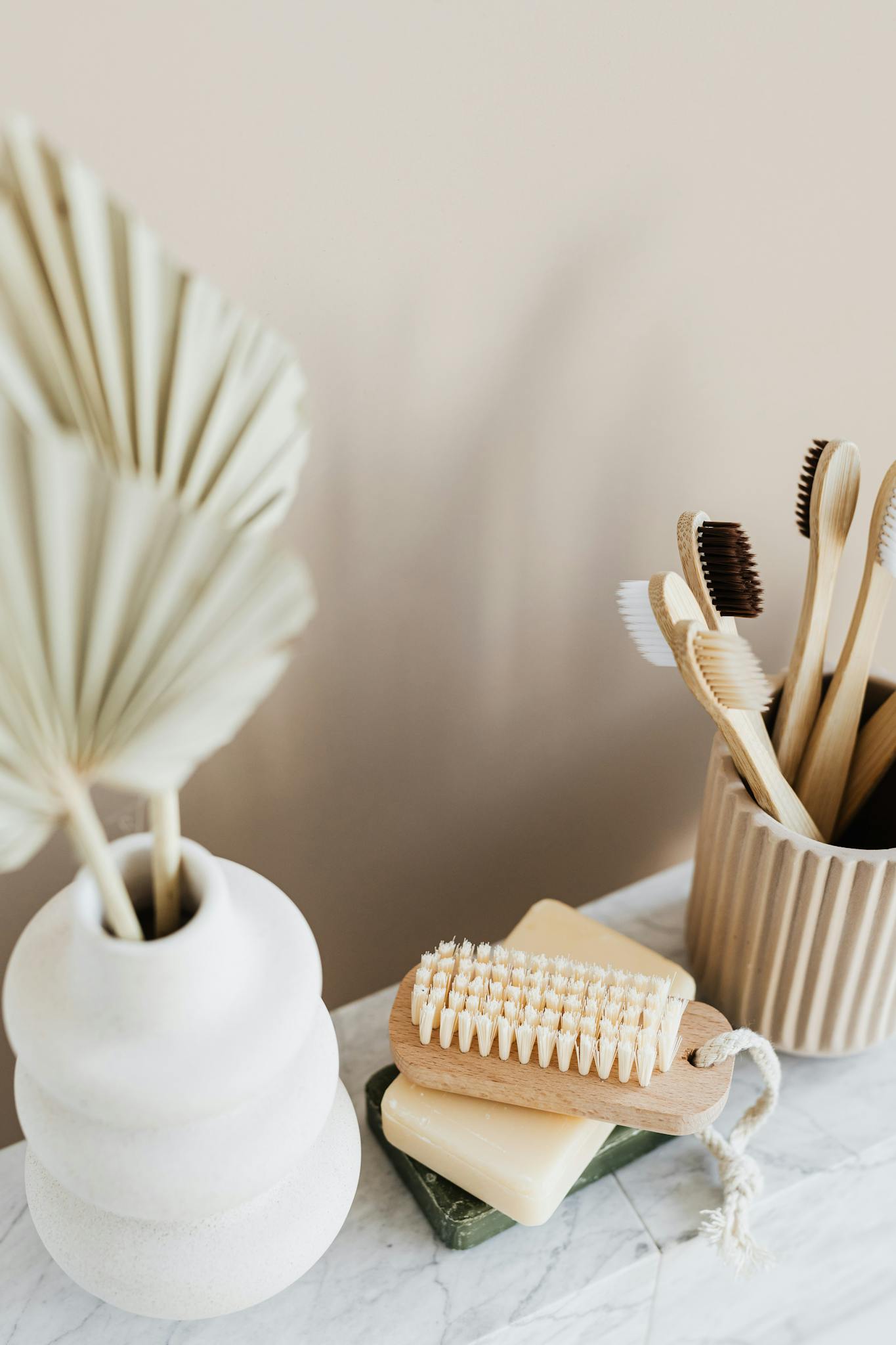 Arrangement of various eco friendly toiletries in bathroom